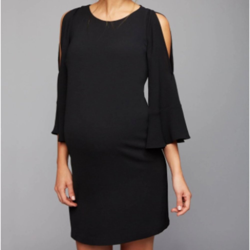 Black Maternity Cold Shoulder Bell-Sleeve Dress